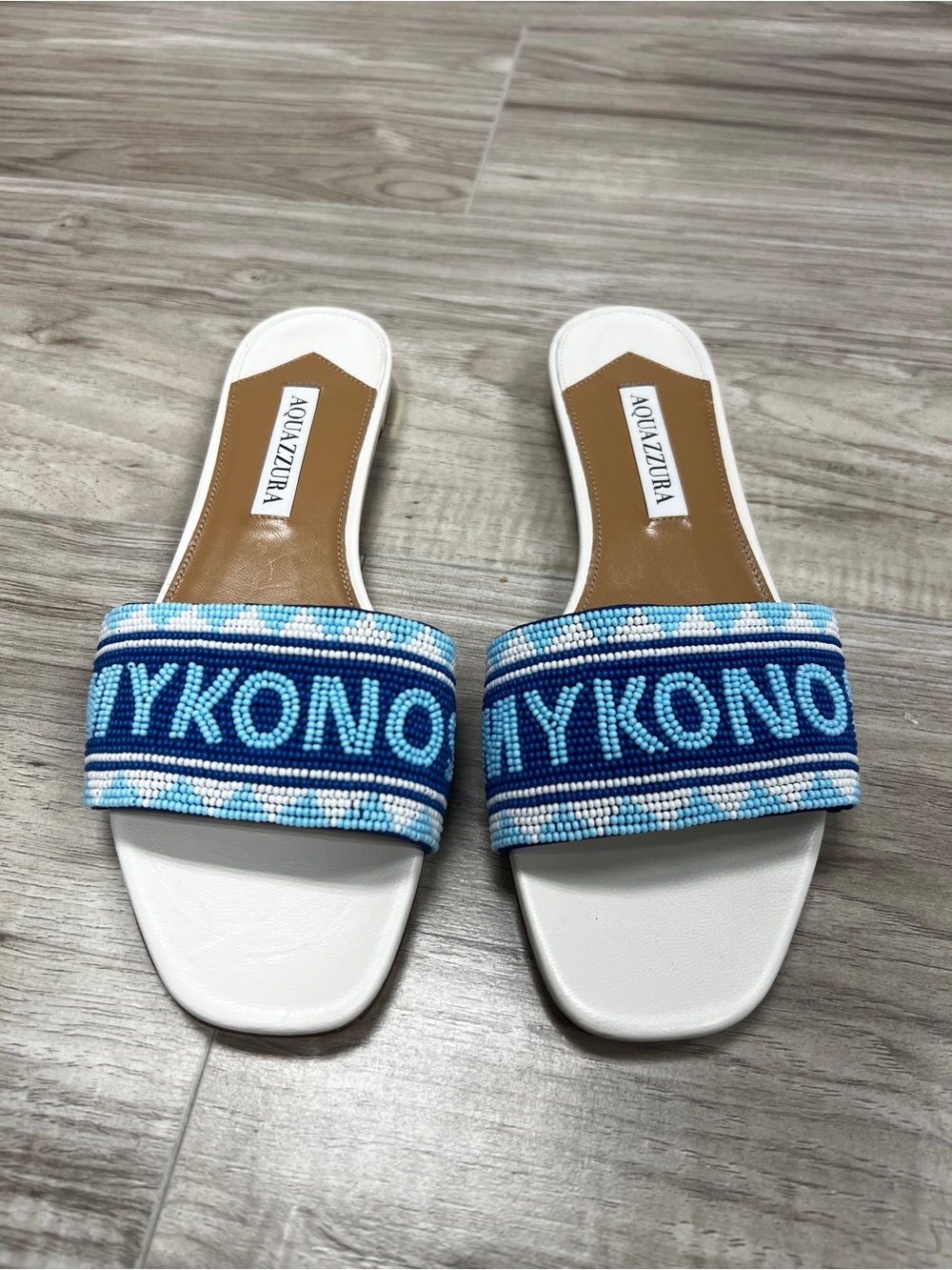 Aquazzura Mykonos Beaded Leather Slides White Blue Size EU 37 NWOT - Picture 5 of 15
